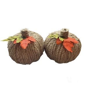 Set of two jute rope style pumpkins with accented fall leaves.